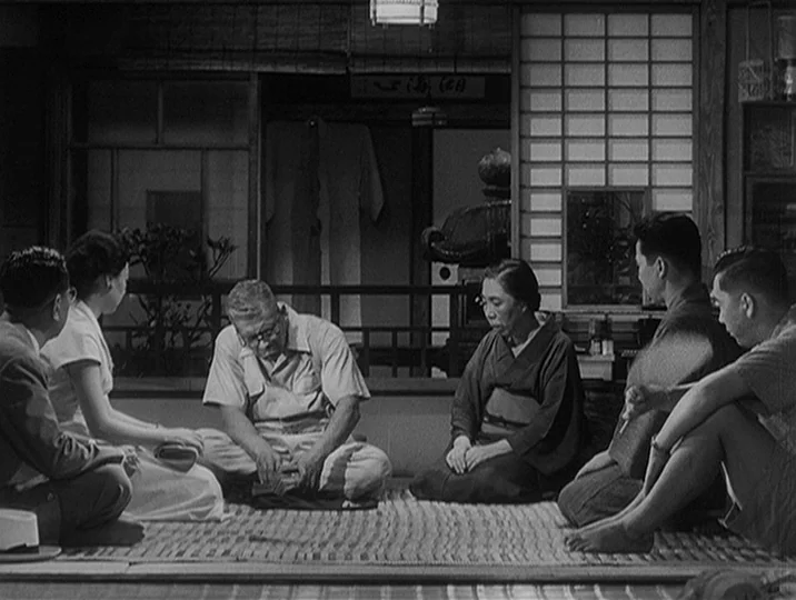 I Live In Fear (1955) movie still: wide — A Japanese room features tatami mats, sliding paper screens, and a low central table. Six adults sit in a…