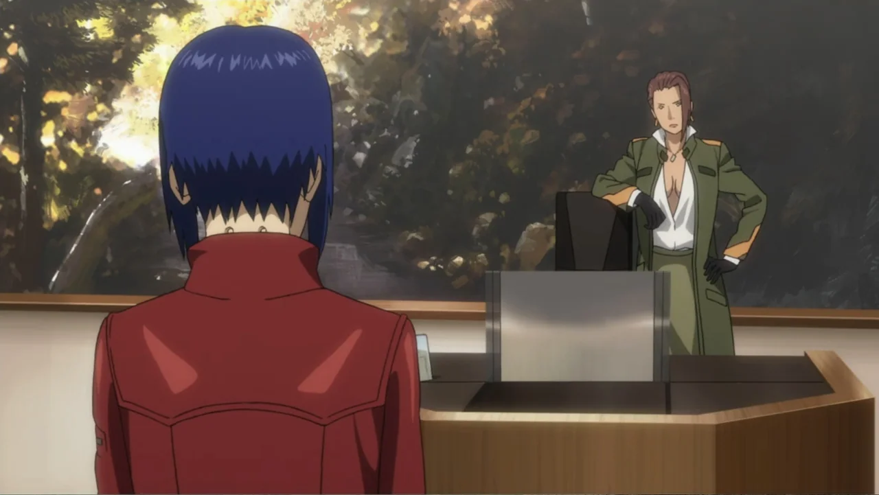 Ghost in the Shell: Arise - Border 1: Ghost Pain (2013) movie still: medium — An interior office space features a large window with foliage visible…