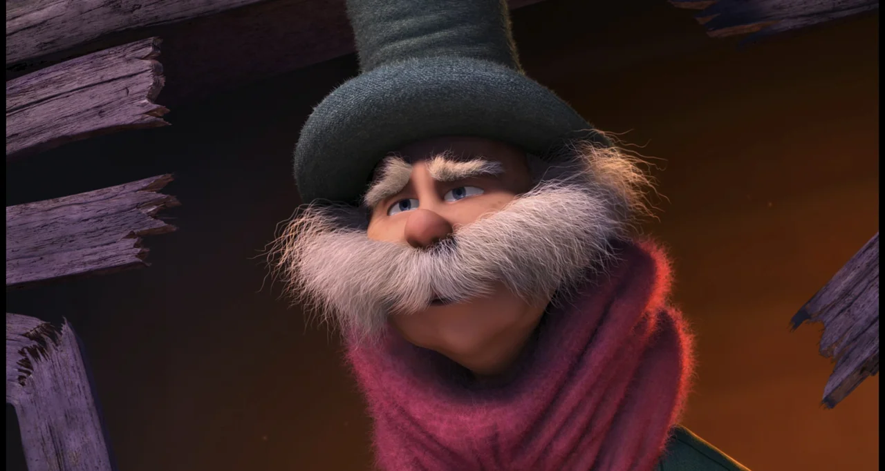 The Lorax (2012) movie still: closeup — An attic space is framed by broken wooden boards and dim, warm lighting. An elderly man in a top hat stares…