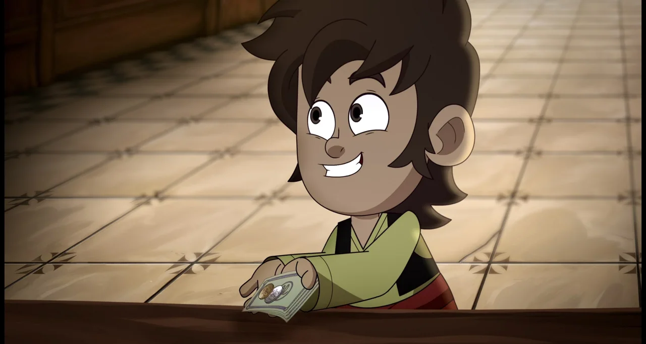 Las leyendas: El origen (2021) movie still: medium — A cartoon child stands behind a dark counter with light-colored floor tiles behind. The boy…