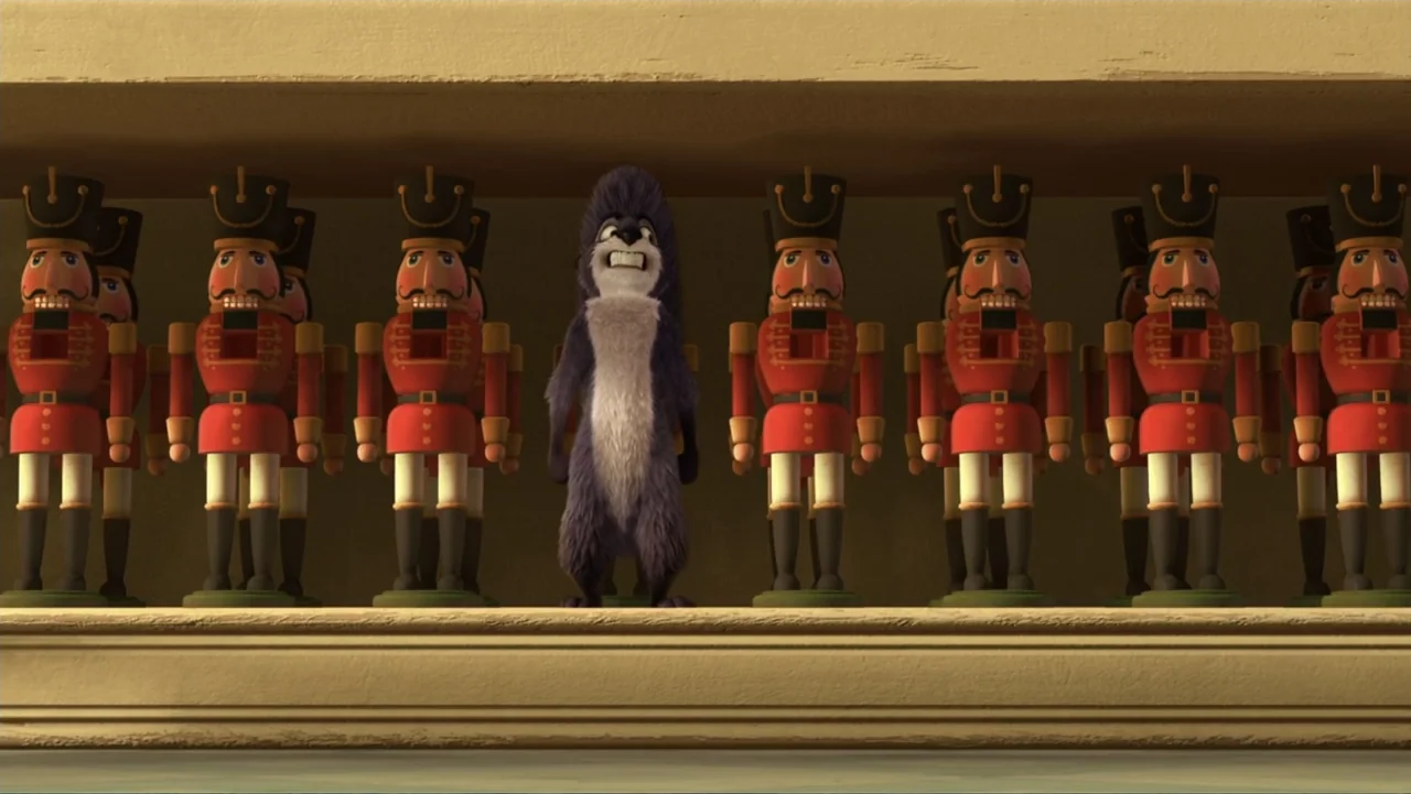 The Nut Job (2014) movie still: medium — A wooden shelf holds a row of uniform nutcracker dolls and one dark animal. The squirrel-like creature…