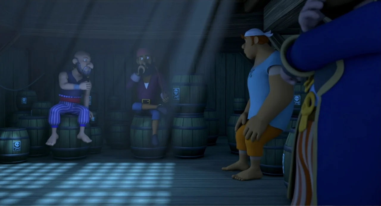 Capt'n Sharky (2018) movie still: wide — A dark wooden ship hold is filled with stacked barrels and hazy light beams. Four cartoon pirate characters…