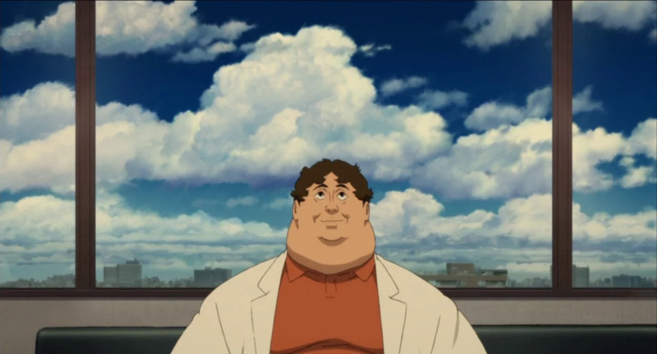 Paprika (2006) movie still: medium — A high-rise room features a large window overlooking a cityscape with fluffy clouds. A heavyset man in a white…