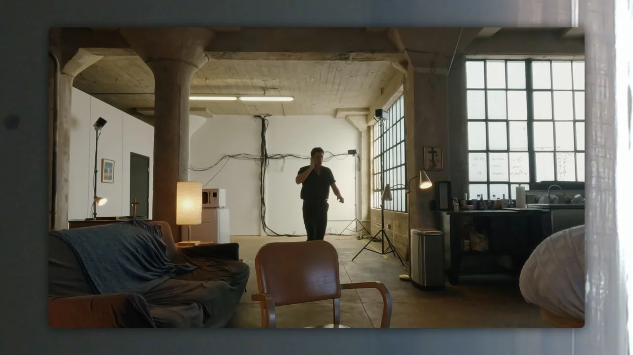 Resurrected (2023) movie still: fullbody — A spacious industrial loft features concrete pillars, high ceilings, and large multi-paned windows. A man…