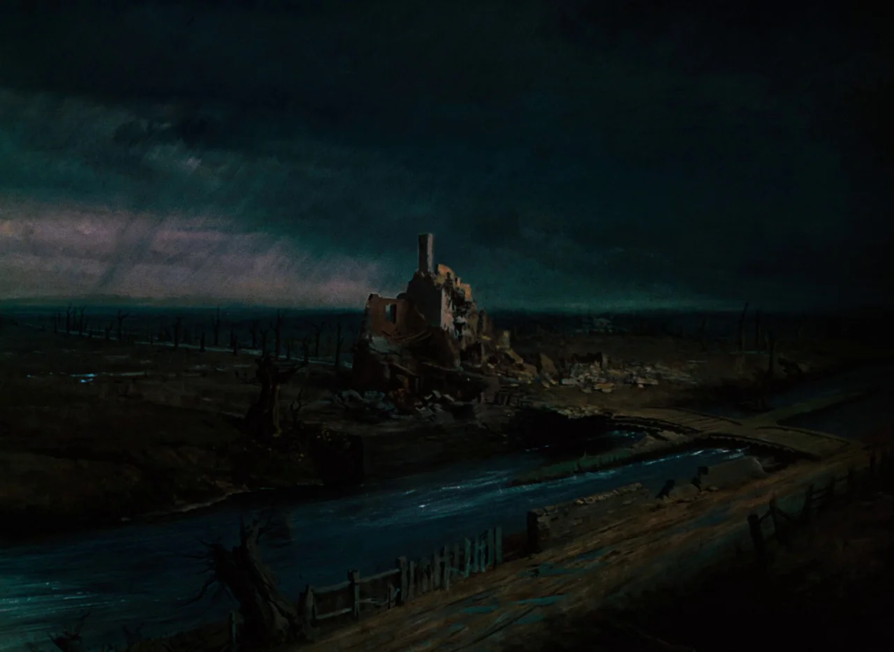 The Life and Death of Colonel Blimp (1943) movie still: wide — A ruined building stands solitary in a desolate, muddy landscape beside a narrow…