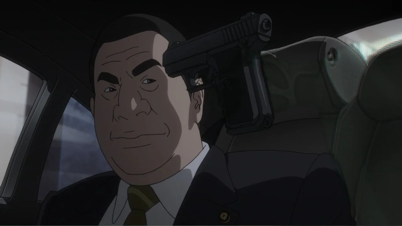 Ghost in the Shell: Arise - Border 1: Ghost Pain (2013) movie still: closeup — A man sits inside the interior of a car while daylight filters…