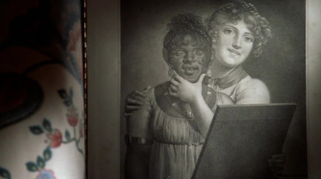 Malina (1991) movie still: closeup — A close-up of a historical lithograph featuring two women in period dress. The painting shows one woman resting…