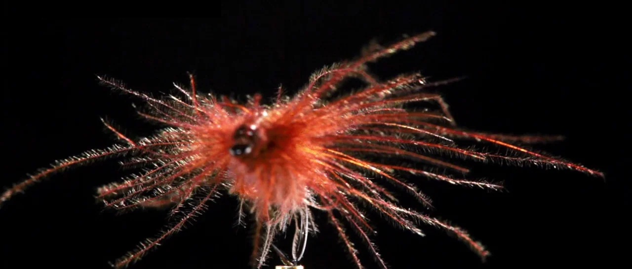 Nymphomaniac Vol 1 (2013) movie still: closeup — A fuzzy red artificial fishing lure is centered against a pitch black backdrop. The lure has many…