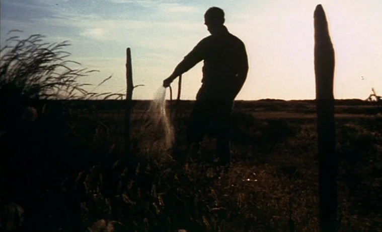 The Garden (1990) movie still: fullbody — An open rural field contains sparse vegetation and wooden fence posts under a bright sun. A man stands in…
