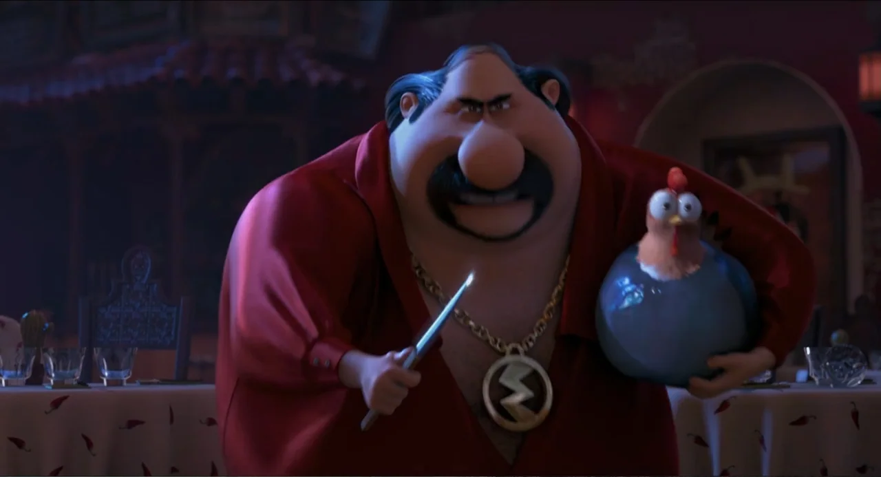 Despicable Me 2 (2013) movie still: medium — A dimly lit restaurant setting with white tablecloths and dark background shadows. A stocky man in a…