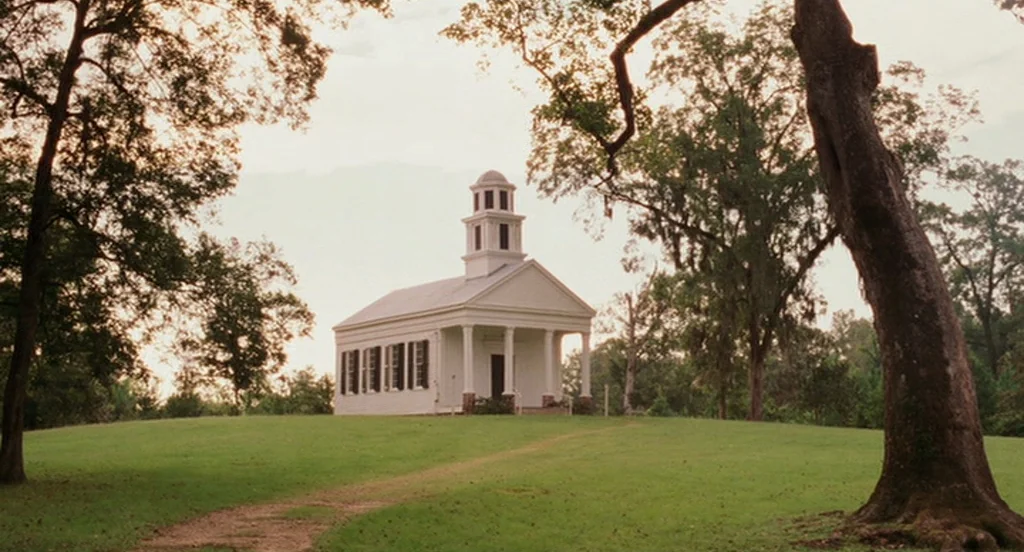The Ladykillers (2004) movie still: establishing — A white clapboard church sits atop a grassy hill framed by large mature trees. A narrow dirt path…