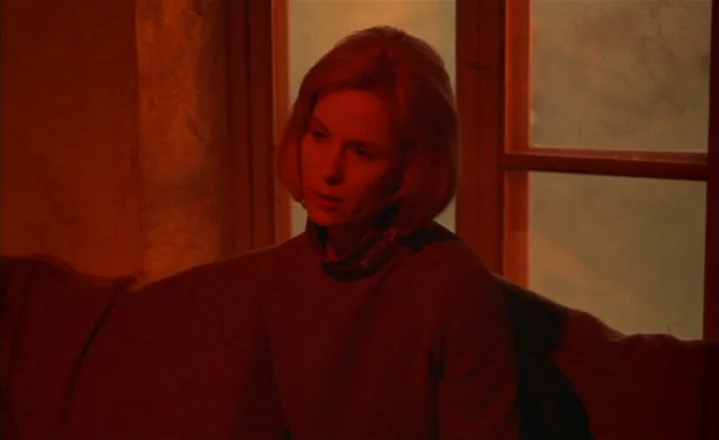 The Passion of Anna (1969) movie still: medium — A woman sits in a room bathed in deep red light beside a window. She faces slightly toward the lens…