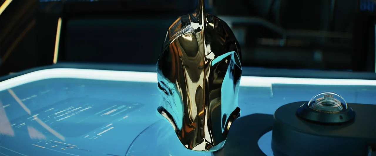 Black Adam (2022) movie still: closeup — A high-gloss metallic helmet sits on a glowing digital display console surface. The environment is dark and…