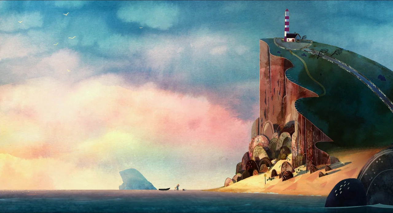 Song of the Sea (2014) movie still: establishing — A tall cliff with a striped lighthouse overlooks a calm sea at sunset. Soft clouds drift across a…