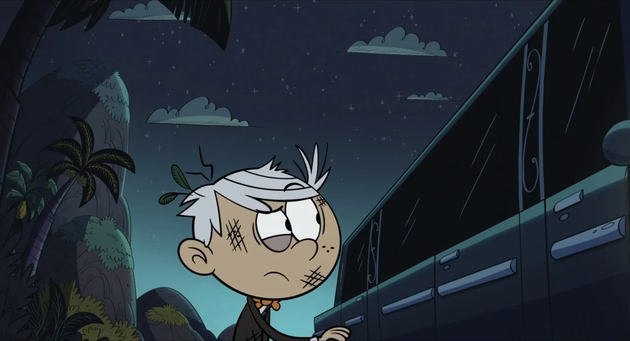 No Time to Spy: A Loud House Movie (2024) movie still: medium — A nighttime exterior setting features palm trees and a dark vehicle under starry…
