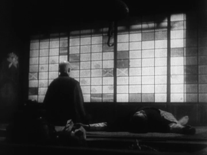 Sanshiro Sugata Part II (1945) movie still: wide — A traditional Japanese room features paper shoji screens backlit by strong exterior light. One…