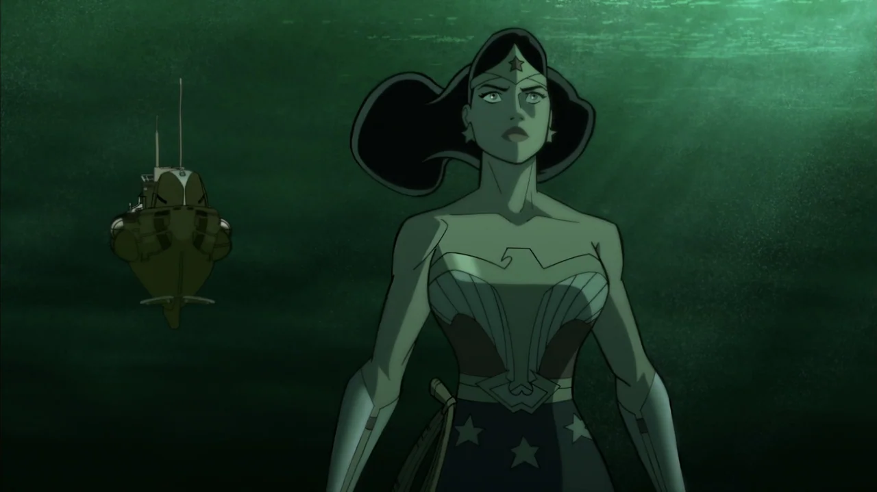 Justice Society: World War II (2021) movie still: medium — The ocean depths show a dark green water environment with ambient light rays. A female…