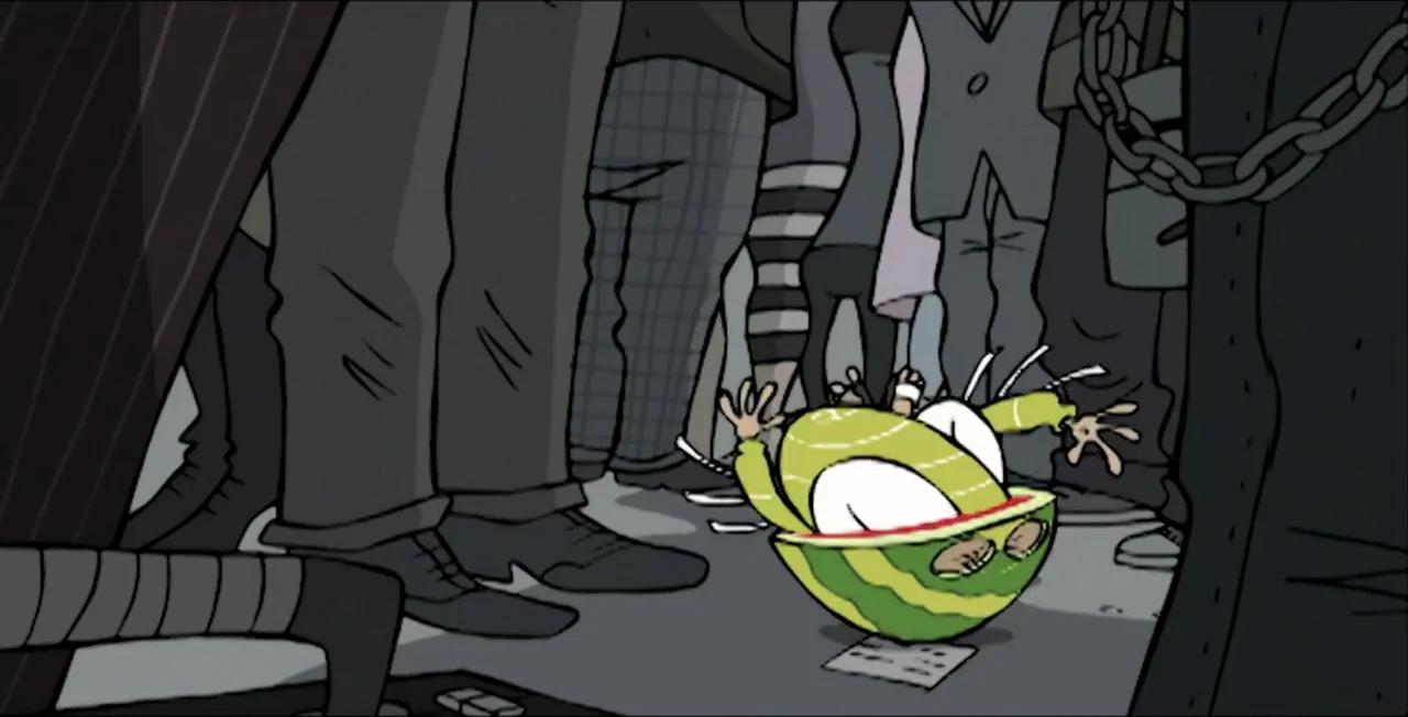 Ed, Edd n Eddy's Big Picture Show (2009) movie still: medium — A crowded subway car floor with numerous legs visible in the background. A small…