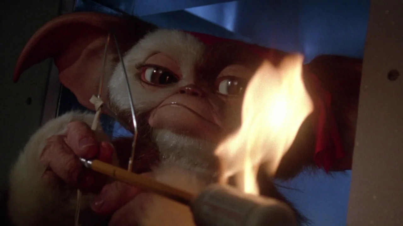 Gremlins 2: The New Batch movie still: closeup — A small furry creature sits inside a dark cabinet with blue-painted interior walls. The creature…