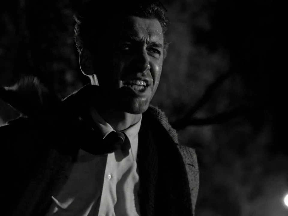 It’s A Wonderful Life (1946) movie still: closeup — A dark outdoor space at night with blurred foliage in the background. A man stands in the…