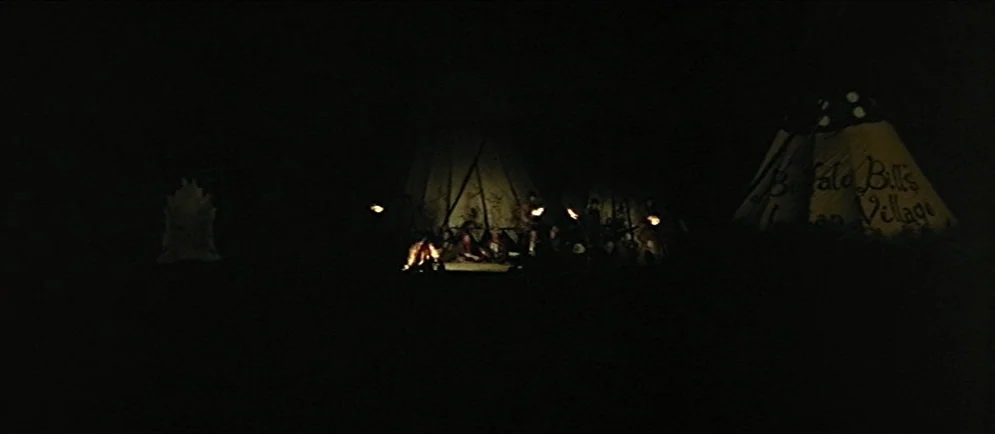 Buffalo Bill and the Indians, or Sitting Bull’s History Lesson (1976) movie still: wide — A dark night setting features several tepees arranged in…