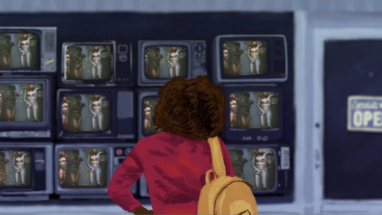 Mary J. Blige's My Life (2021) movie still: medium — A wall of stacked vintage cathode ray tube televisions displays synchronized video footage of…