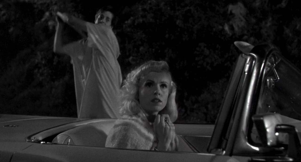 Night of the Creeps (1986) movie still: medium — A woman sits in the passenger seat of a dark convertible at night. An individual stands directly…