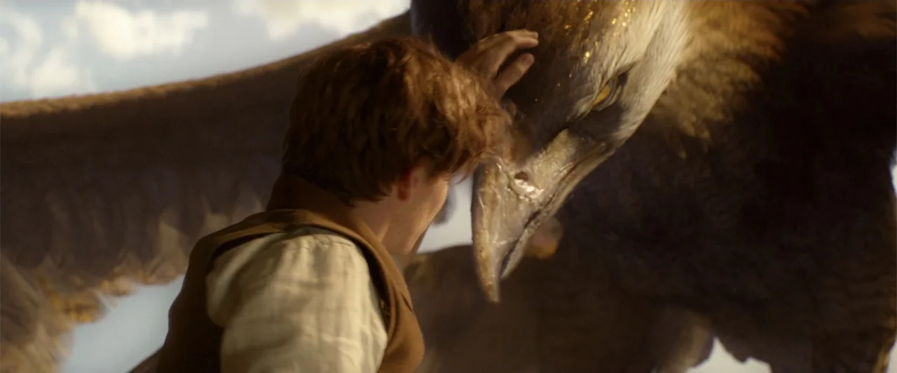 Fantastic Beasts and Where to Find Them (2016) movie still: medium — A man stands outdoors facing a massive eagle-like bird creature with expansive…