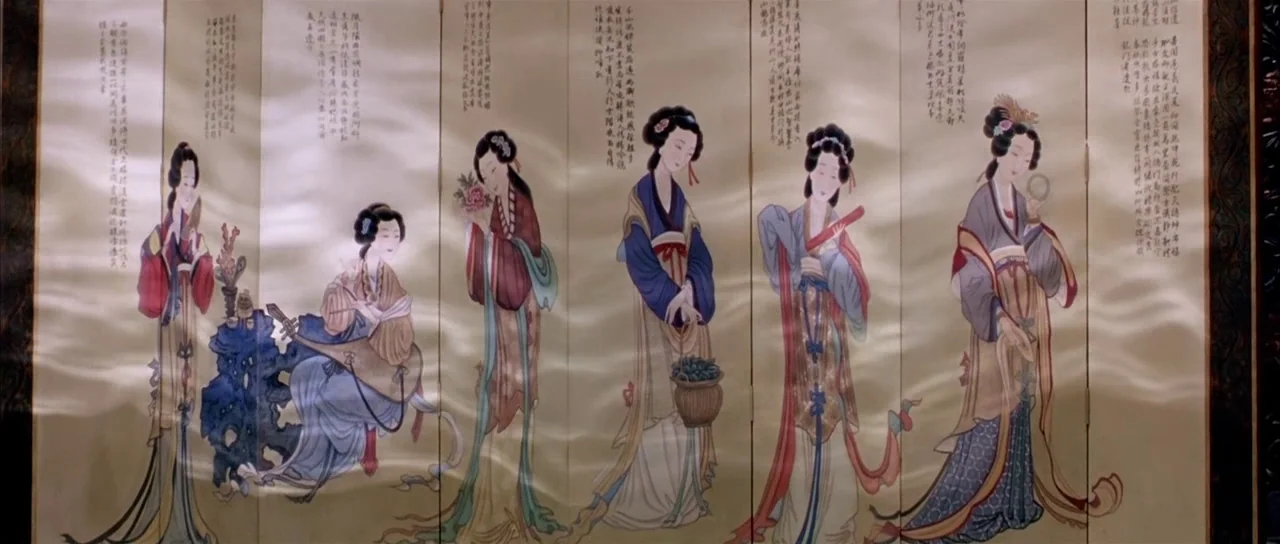 House of Flying Daggers (2004) movie still: wide — A decorative folding screen displays painted East Asian women in traditional robes and…