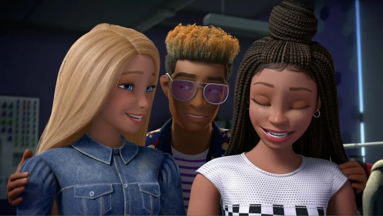 Barbie: Big City, Big Dreams (2021) movie still: medium — An indoor space features soft lighting against a dark purple background wall. Three young…