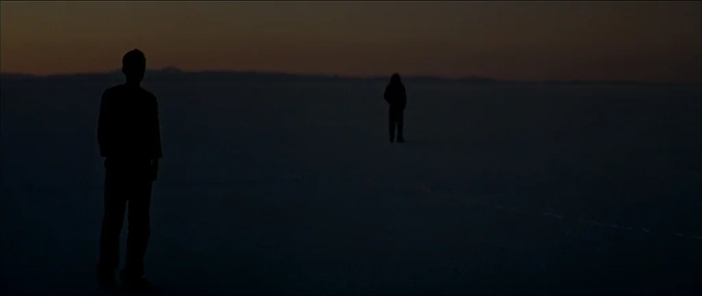 Gerry (2002) movie still: wide — A dark, vast salt flat stretches toward a dim, orange sunset horizon line. Two people stand far apart as…