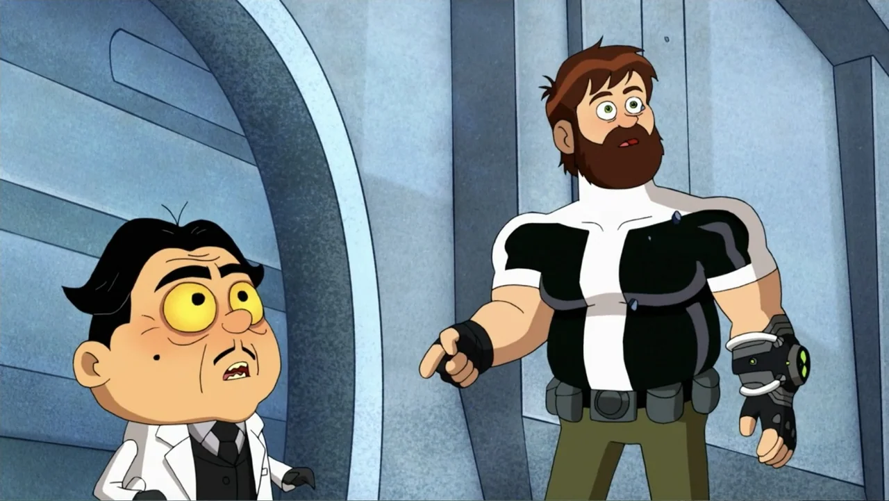 Ben 10: Ben 10,010 (2021) movie still: medium — A metallic corridor features curved wall segments and panelled surfaces. A bearded man with a wrist…