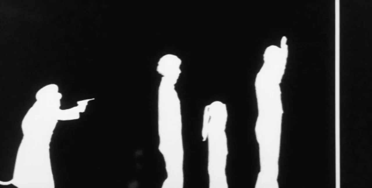 The Aerial (2007) movie still: wide — Four figures appear as stark white silhouettes against a pitch black background. One figure points a firearm…
