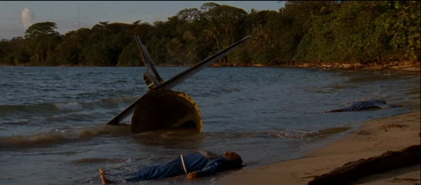 Mister Lonely (2007) movie still: wide — A tropical coastline features dense trees, wet sand, and incoming tide waves. Two people lie on the sand…