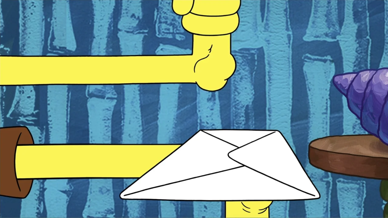 SpongeBob Squarepants: Kreepaway Kamp (2024) movie still: closeup — A blue textured wall serves as the backdrop to a bright yellow cartoon figure.…