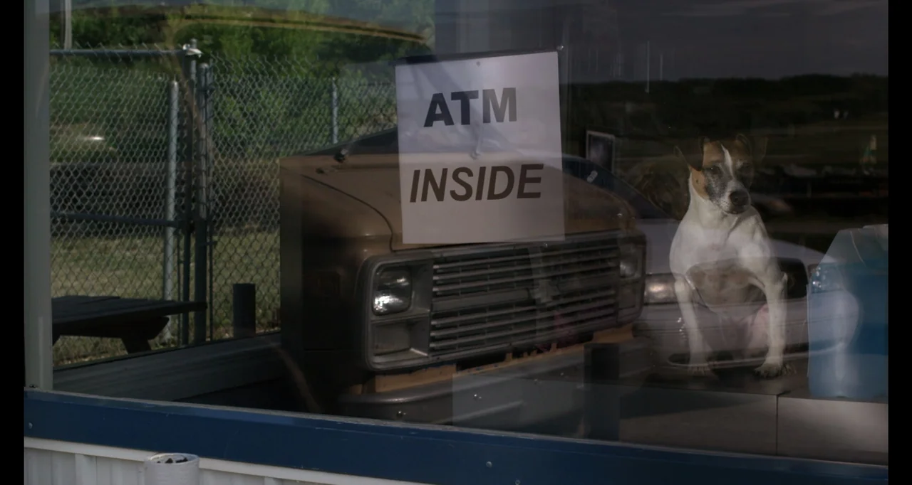 A.R.C.H.I.E. (2016) movie still: medium — A glass storefront window displays an ATM inside sign and reflects a nearby van. A dog sits behind the…