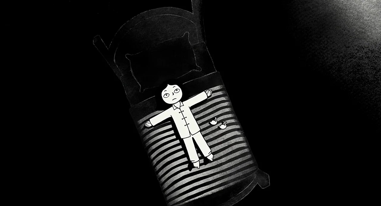 Persepolis (2007) movie still: wide — A minimalist black and white cartoon frame shows a girl lying on a bed. The scene is drawn in a simple, flat…