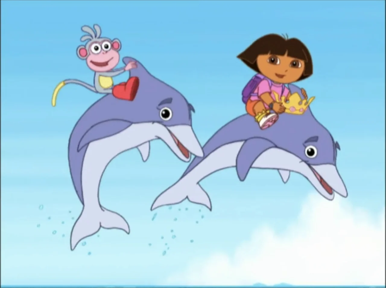 Dora the Explorer: Mermaid Adventures (2025) movie still: wide — A bright blue sky and ocean backdrop with two dolphins leaping above the water.…