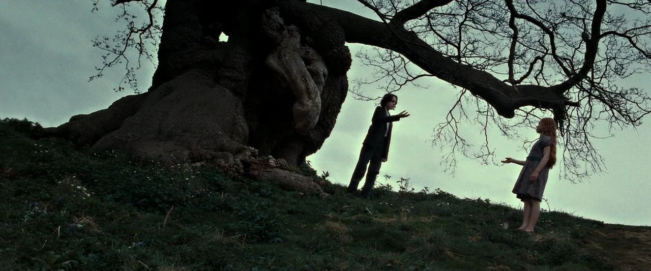 Harry Potter & The Deathly Hallows Part 2 (2011) movie still: wide — A large, ancient oak tree with gnarled bark sits atop a grassy hill. A boy and…