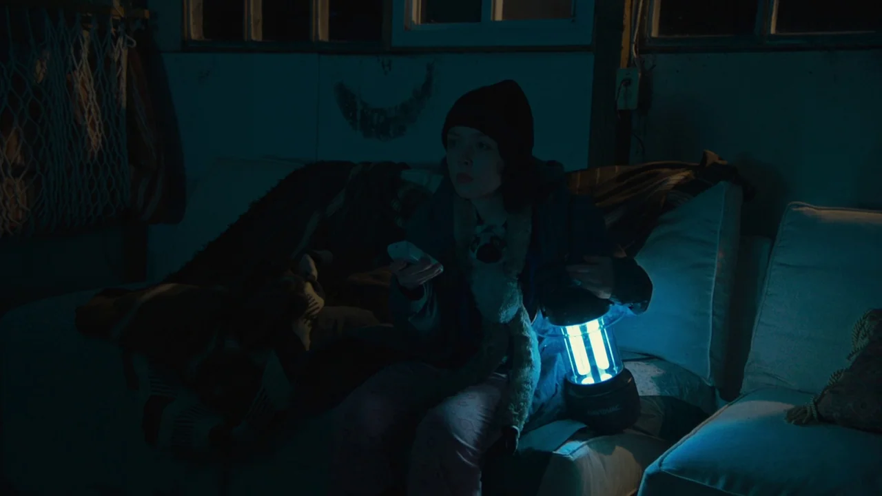 We’re All Going to the World’s Fair (2021) movie still: medium — A dimly lit room with peeling wallpaper contains a light-colored couch. A woman in…