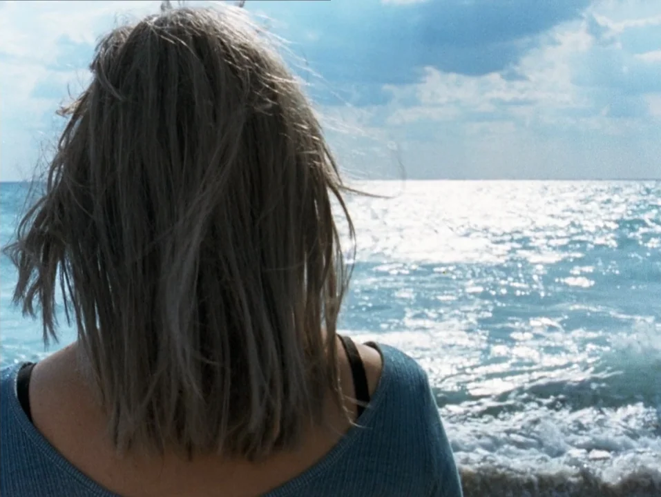 River of Grass (1994) movie still: medium — A person stands at the edge of the ocean under a cloudy sky. The person faces away from the camera…