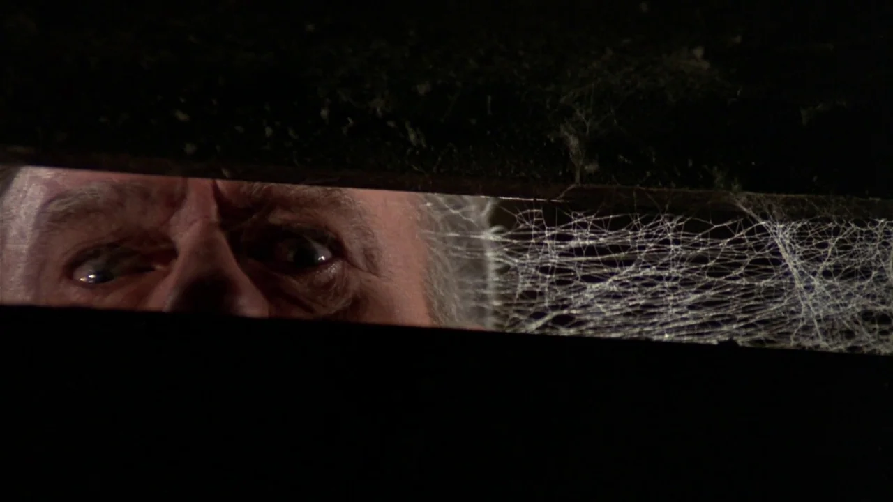 Creepshow (1982) movie still: closeup — An elderly man peeks through a narrow dark horizontal slit in an attic space. Thick layers of white cobwebs…