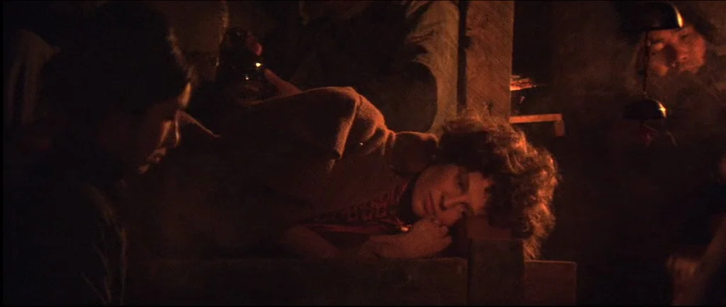 McCabe & Mrs.Miller (1971) movie still: medium — A dimly lit, cramped train carriage with warm light casting heavy shadows. A passenger sleeps while…