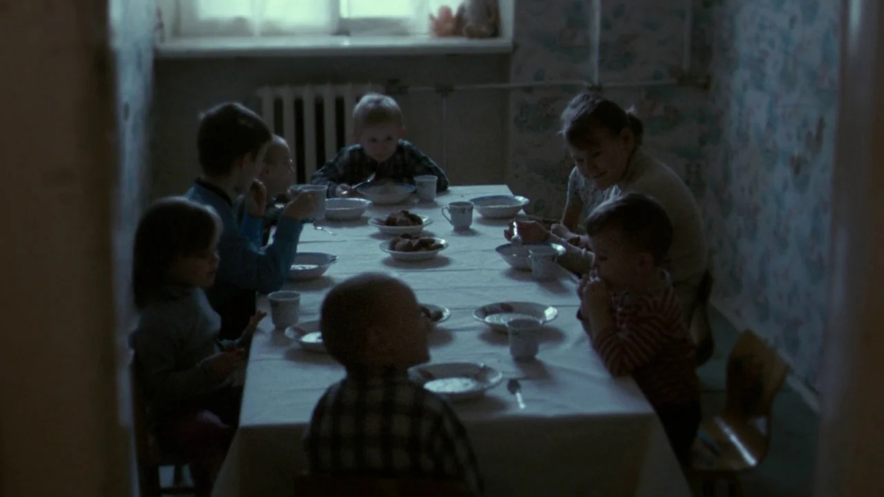 Cold Souls (2009) movie still: medium — A group of children and a young woman sit around a long dining table. They eat from bowls in a room with…