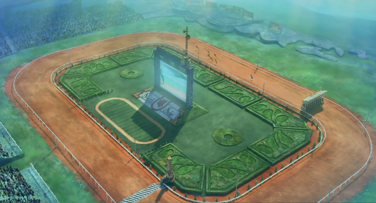 Shark Tale (2004) movie still: establishing — A high-angle view of a stylized racecourse with manicured hedges and a central monitor. The track…