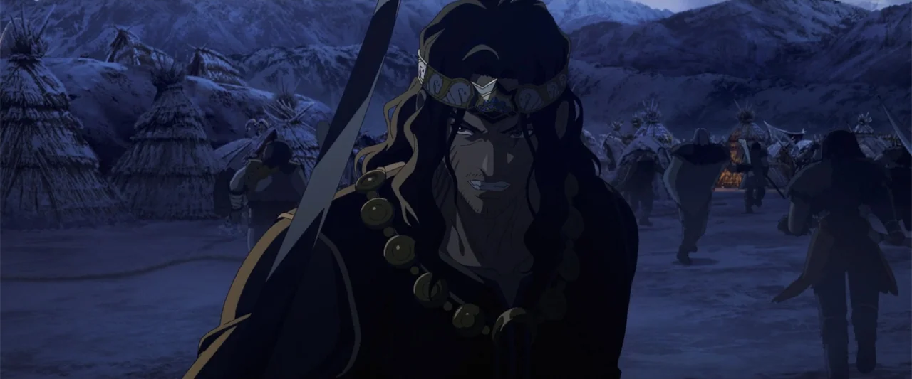 The Lord of the Rings: The War of the Rohirrim (2024) movie still: medium — A snow-covered encampment at night features circular huts set against…