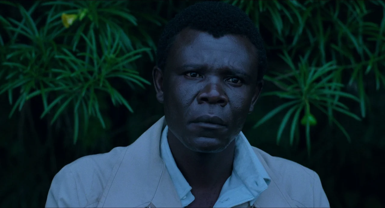 Mississippi Masala (1991) movie still: closeup — A man stands outdoors in front of a cluster of dense dark green leaves. He remains perfectly still…