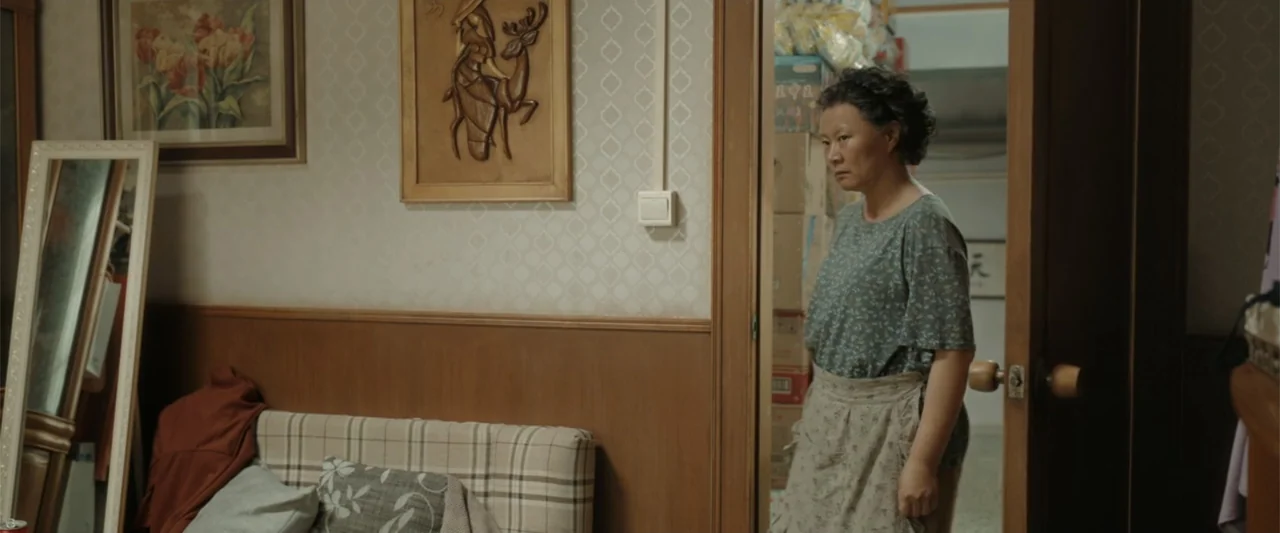 Yolo (2024) movie still: medium — A domestic interior features a floral patterned wall with wooden accents and wall decor. A middle-aged woman…