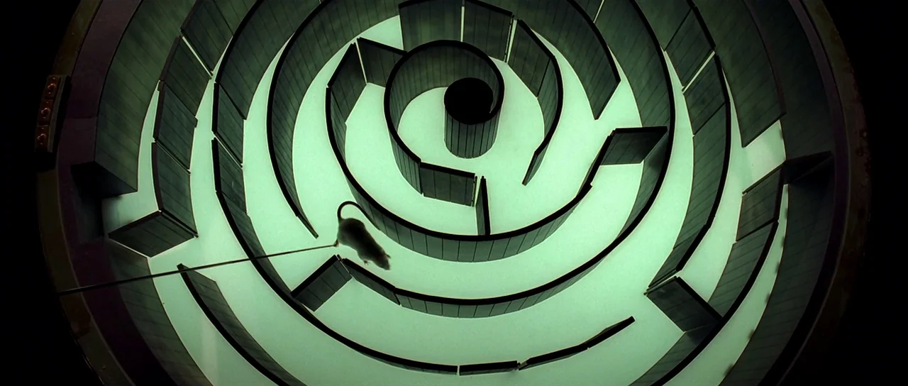 Dark City (1998) movie still: wide — A circular, illuminated test maze is viewed from directly above. A small mouse navigates through the white…