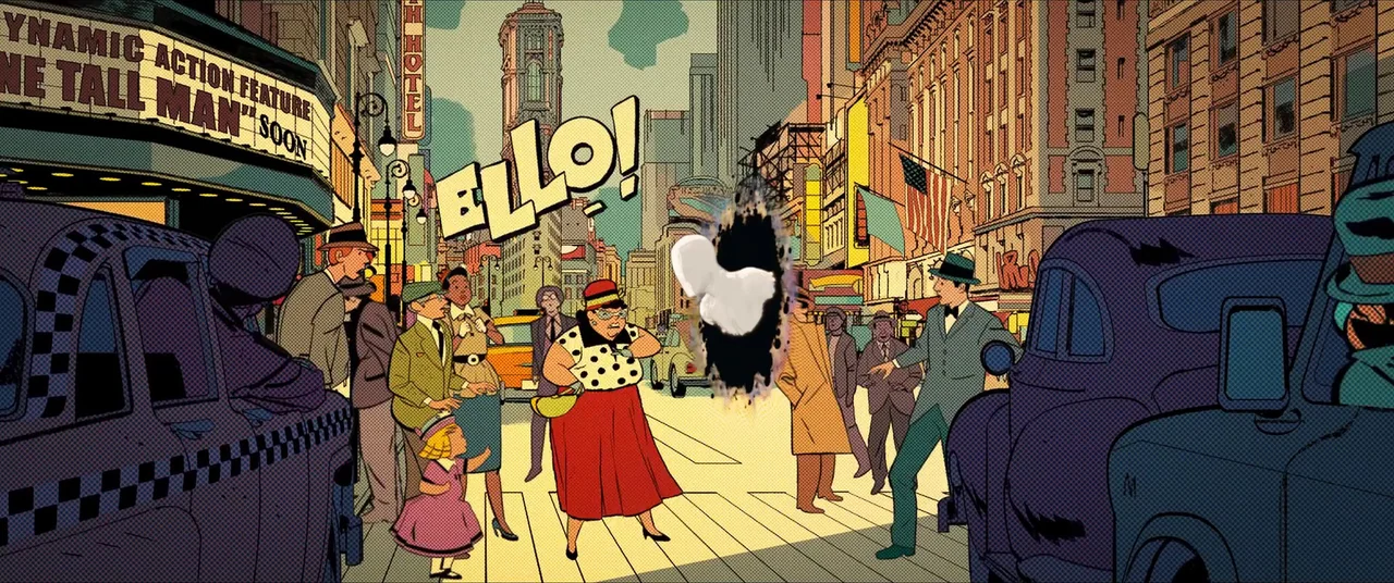 Spider-Man: Across the Spider-Verse (2023) movie still: wide — A bustling 1940s city intersection features a movie theater and vintage vehicles. A…